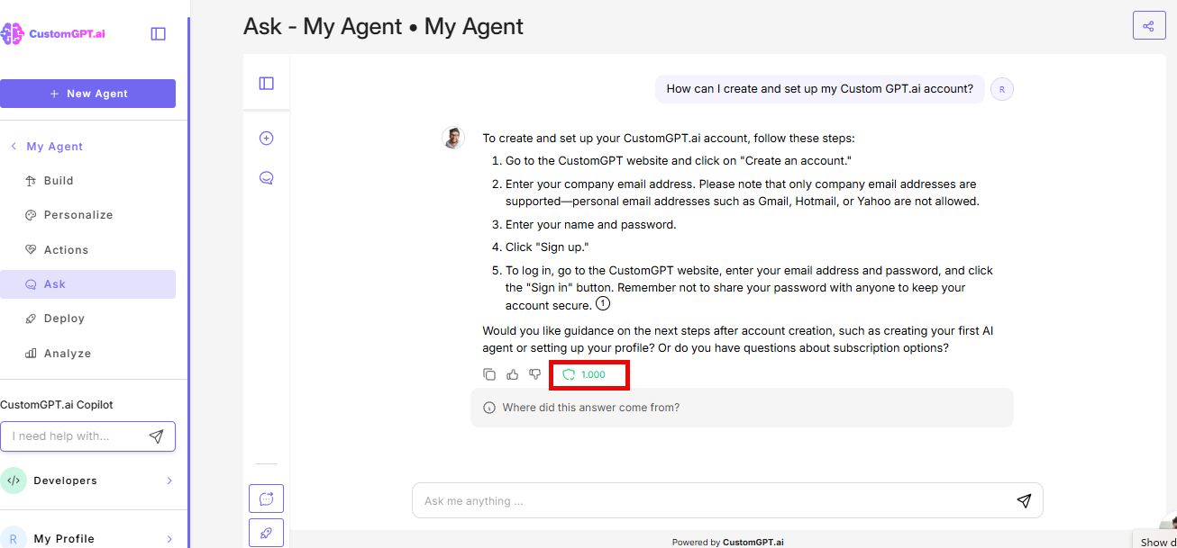 app screen with action cards and sheild icon after agent response