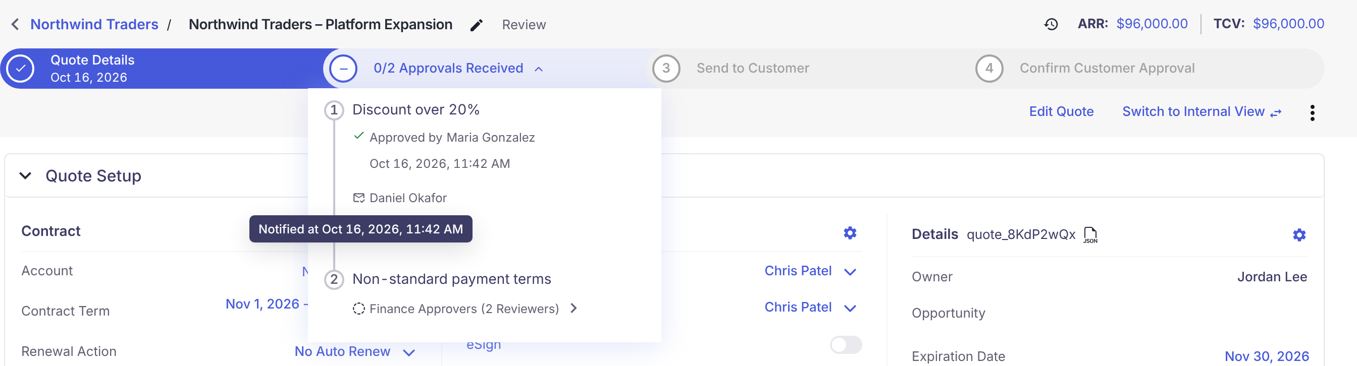 Tooltip "Notified at Oct 16, 2026, 11:42 AM" shown while hovering over the envelope icon beside Daniel Okafor.