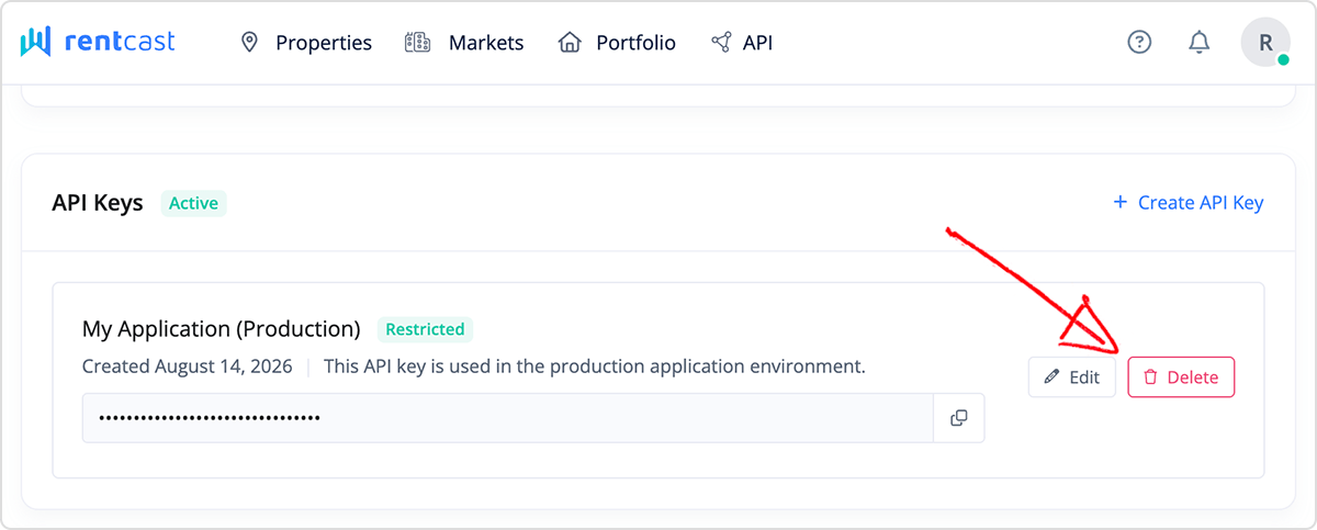 Deleting a RentCast API key