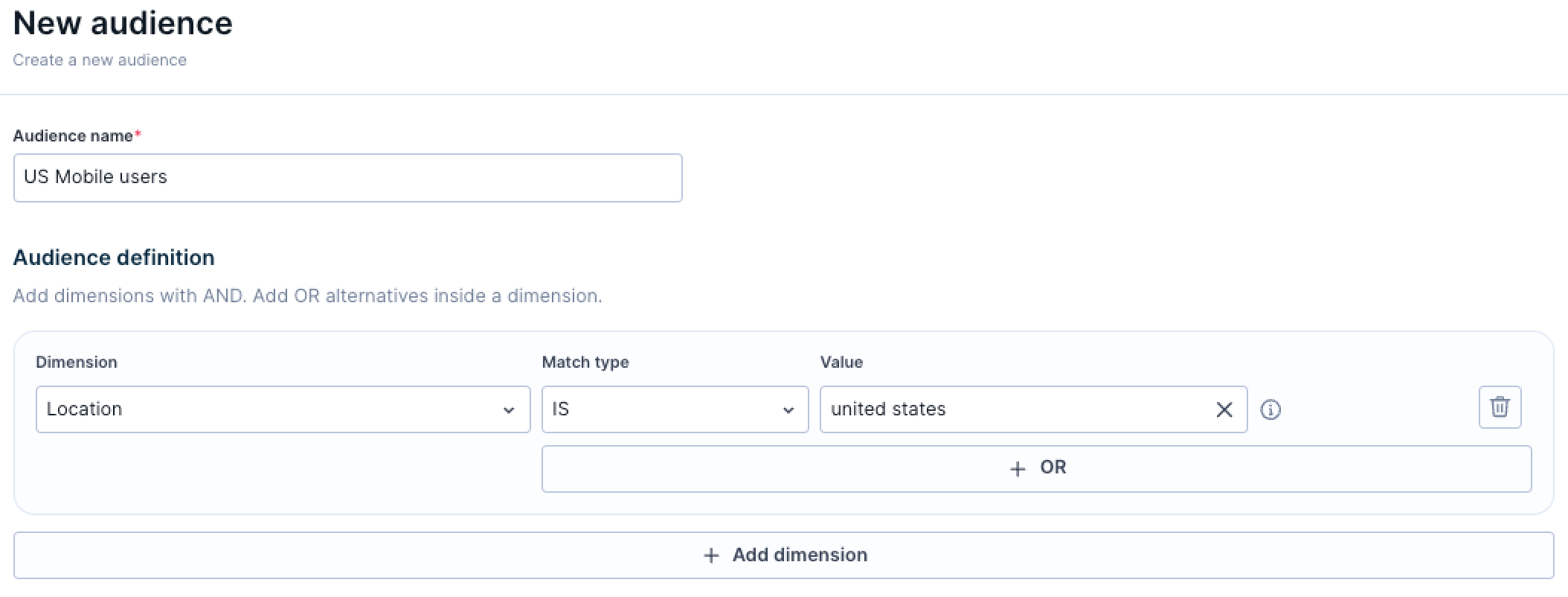 Location dimension with the IS match type and a selected location value.