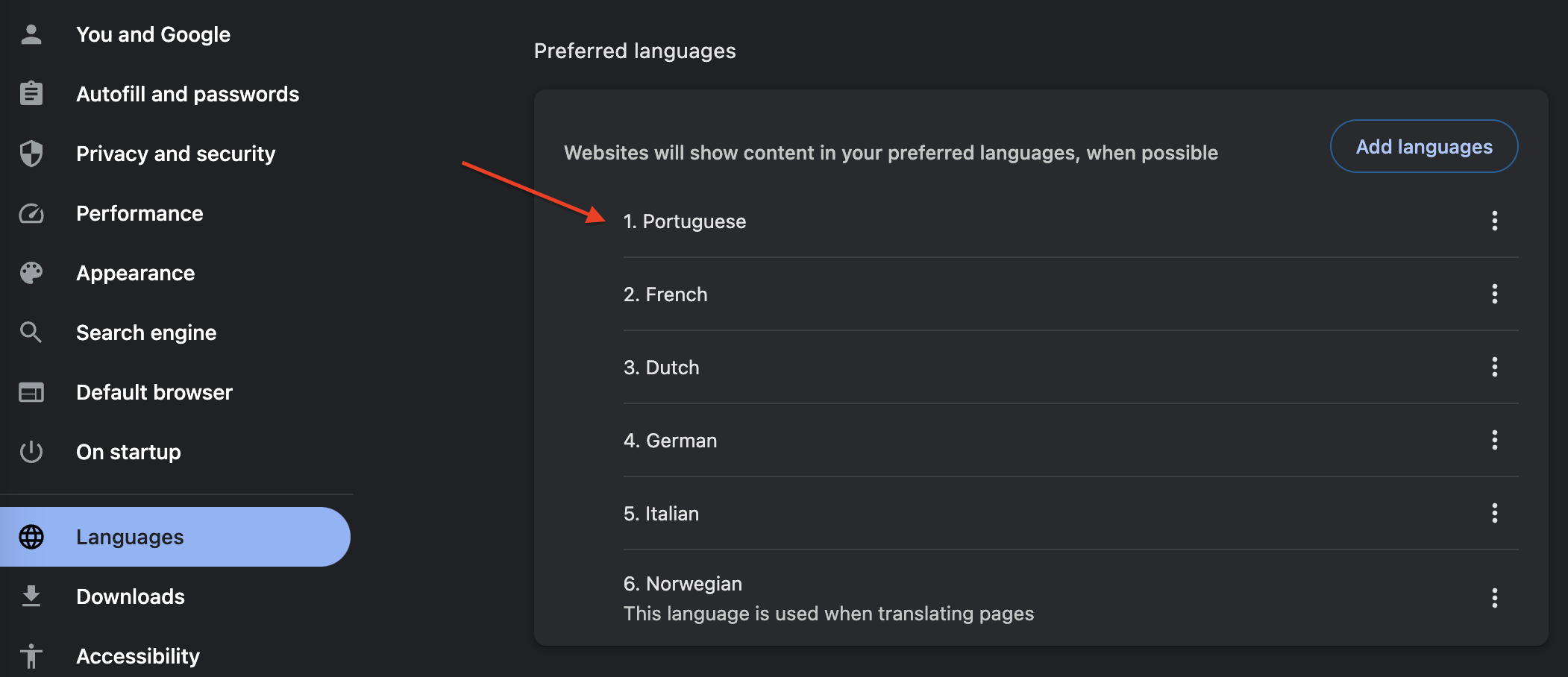 Chrome >> Settings >> Languages