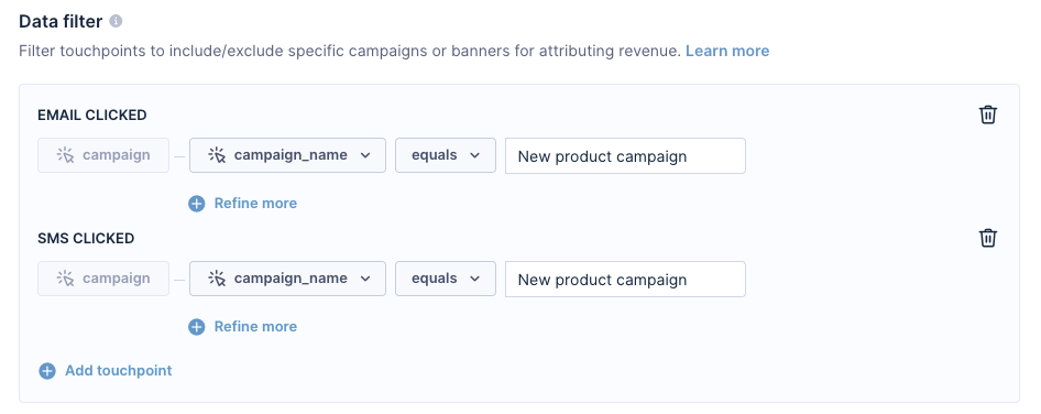 Data filter settings showing filtering by campaign id