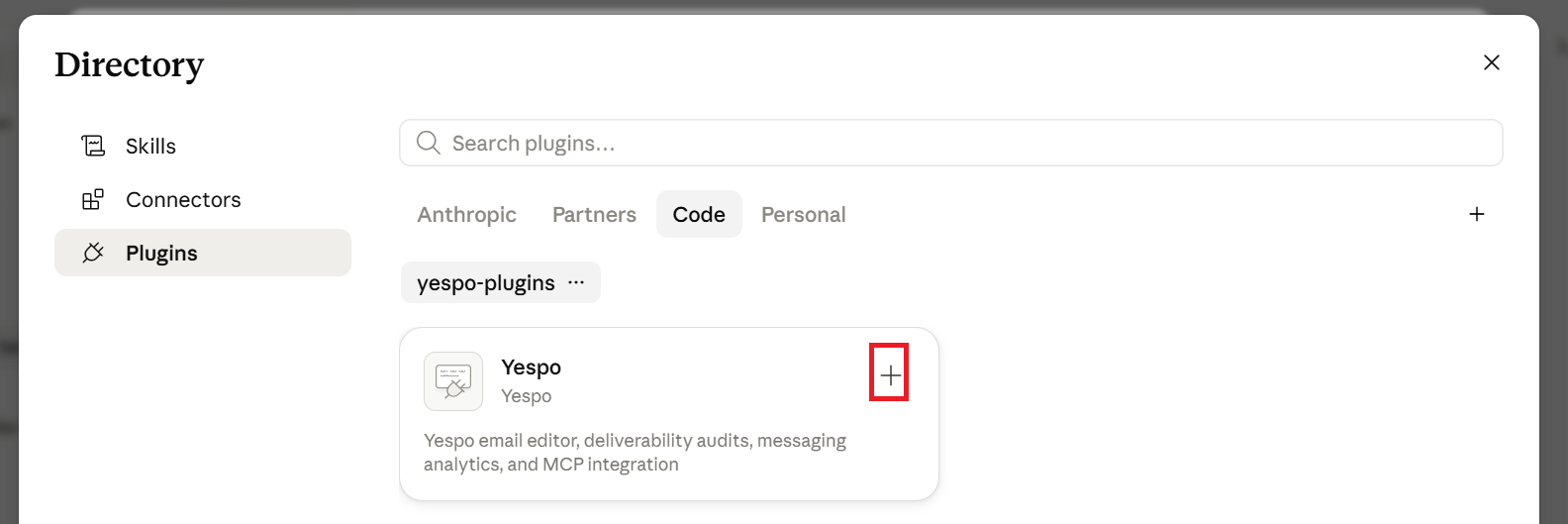 Yespo plugin available for installation in the Code tab