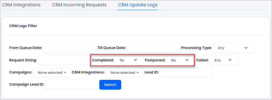 Screenshot with the Completed and Postponed filter fields