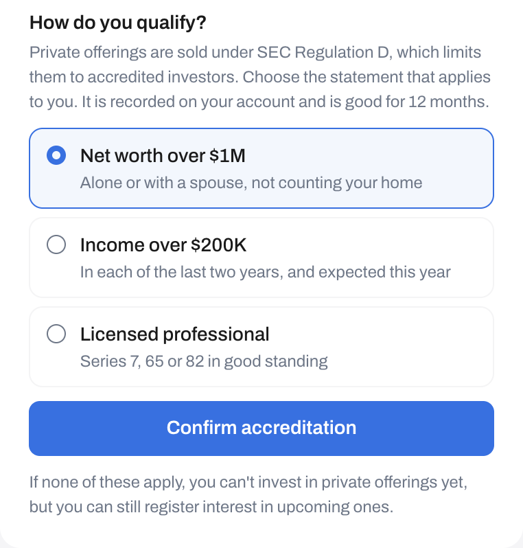 An accreditation step asking the investor to select how they qualify