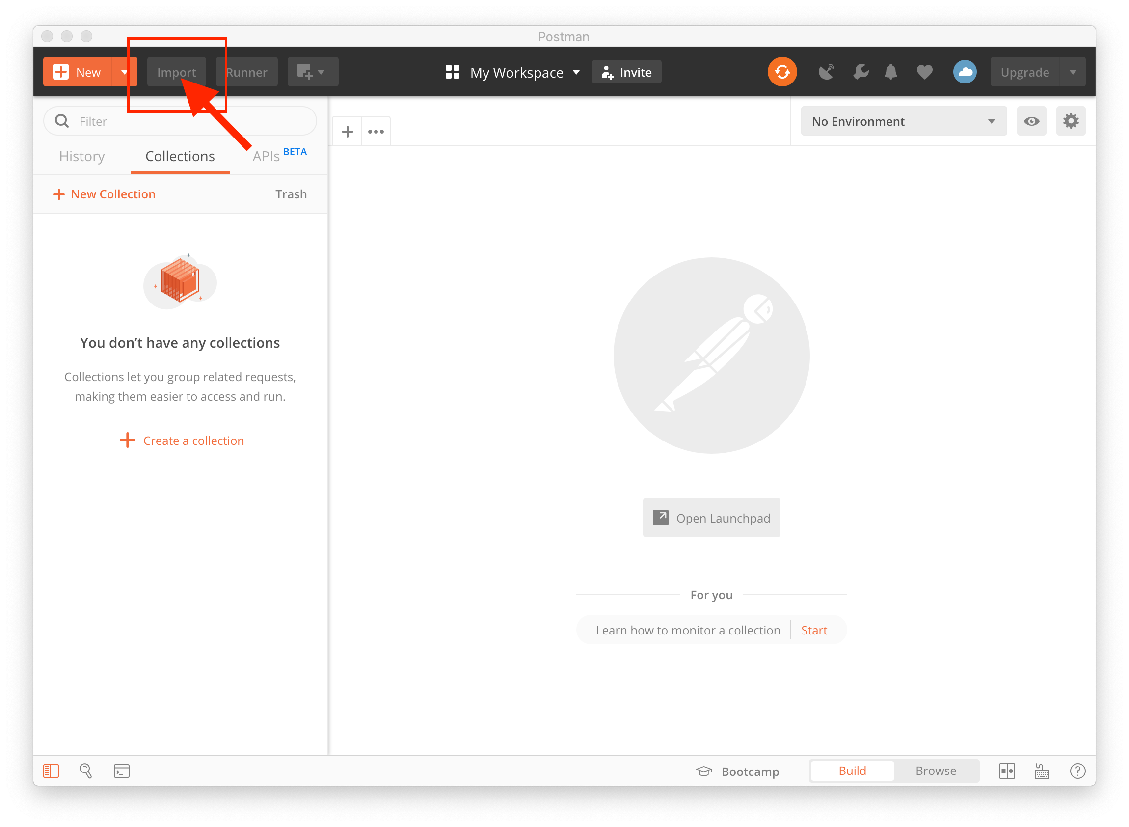 2. Start the Postman app and click `Import` up in the left top corner.