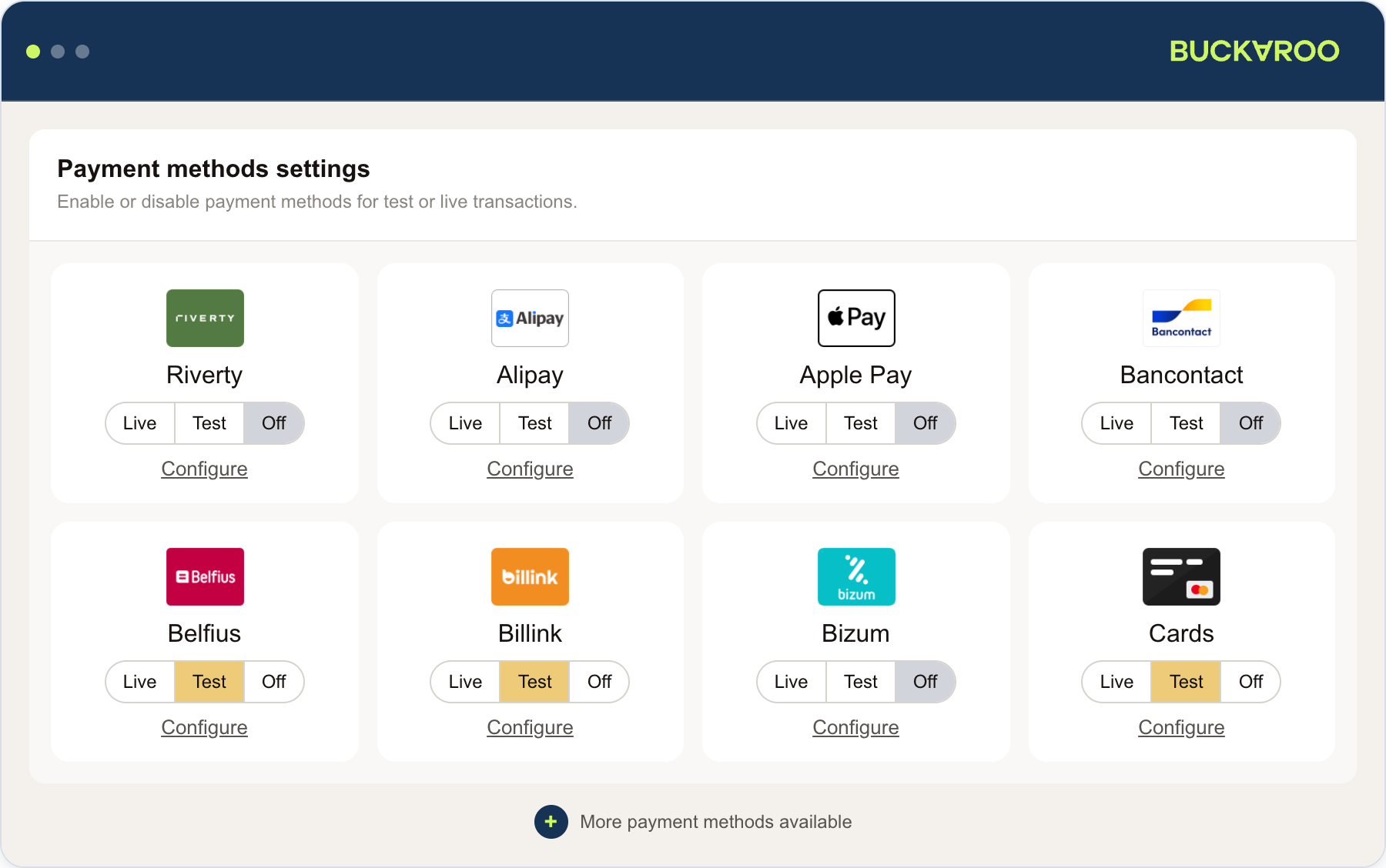 Buckaroo CCV Shop app payment methods configuration