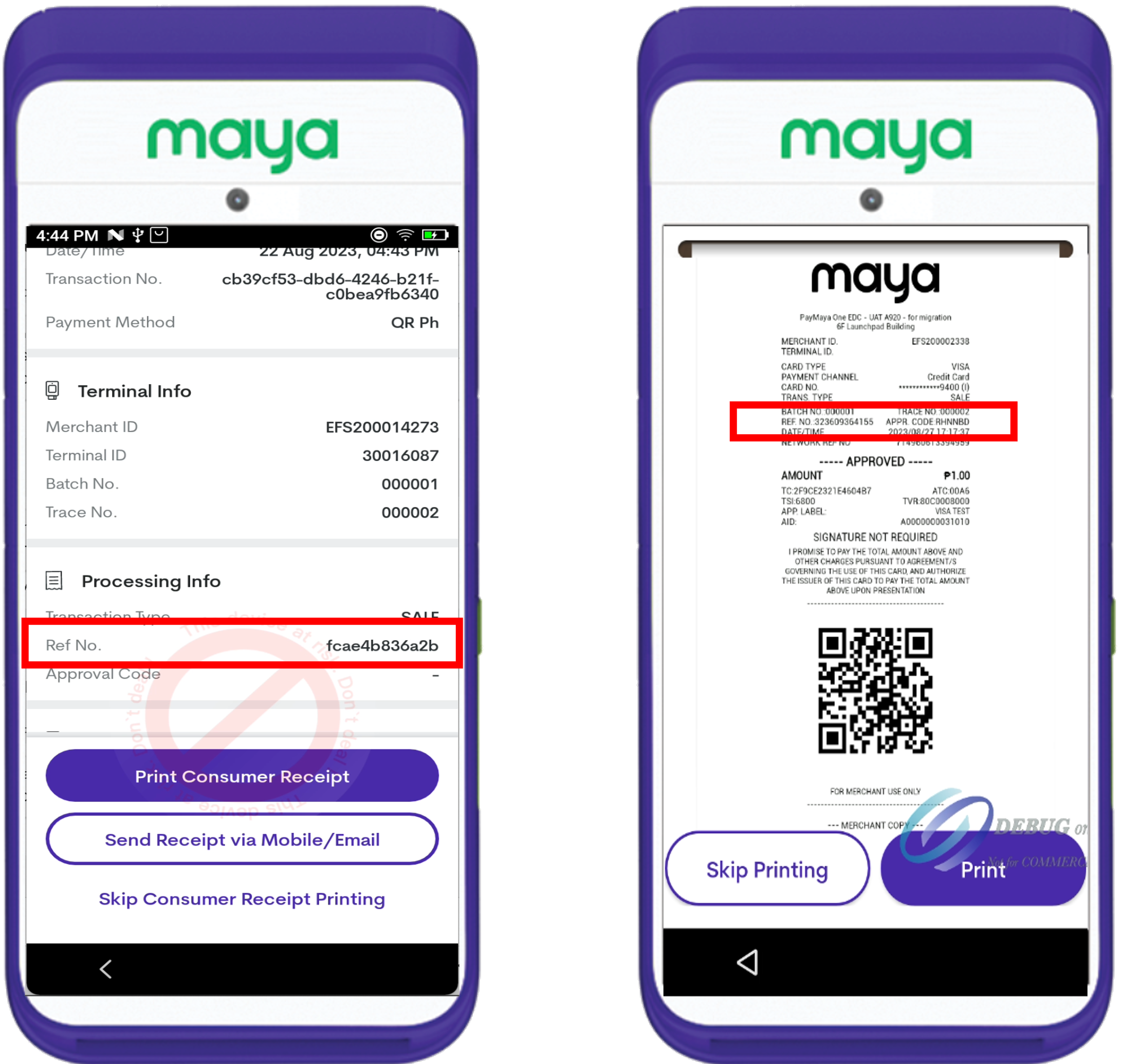 Reference numbers on the receipt via e-wallet (left) and card (right)