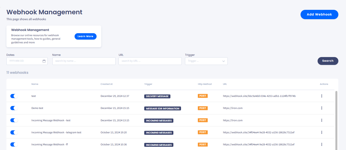 Screenshot of the Webhook Management tab