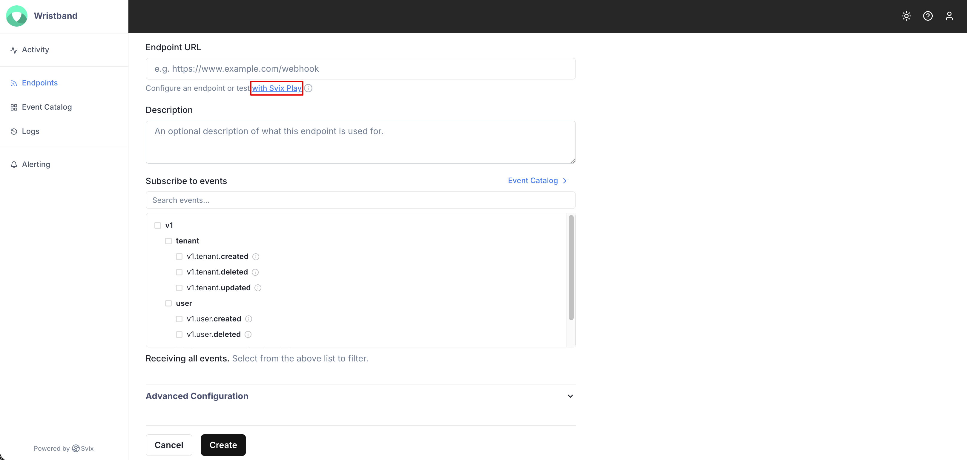 Configure an endpoint with a Svix Play URL