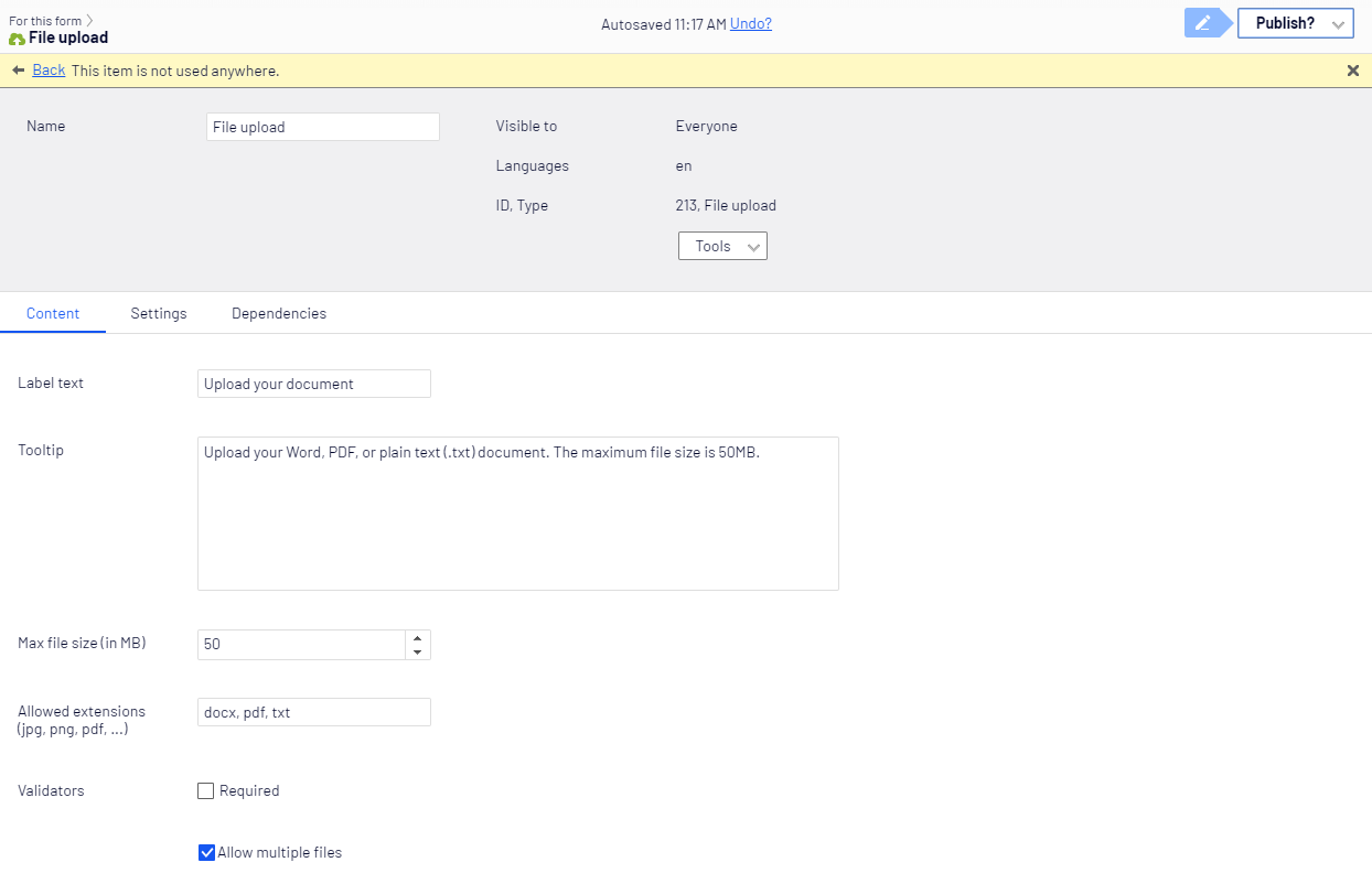 Screenshot of the File upload element Content tab with Label text, Tooltip, Max file size, Allowed extensions, and Validators fields where editors configure file upload settings