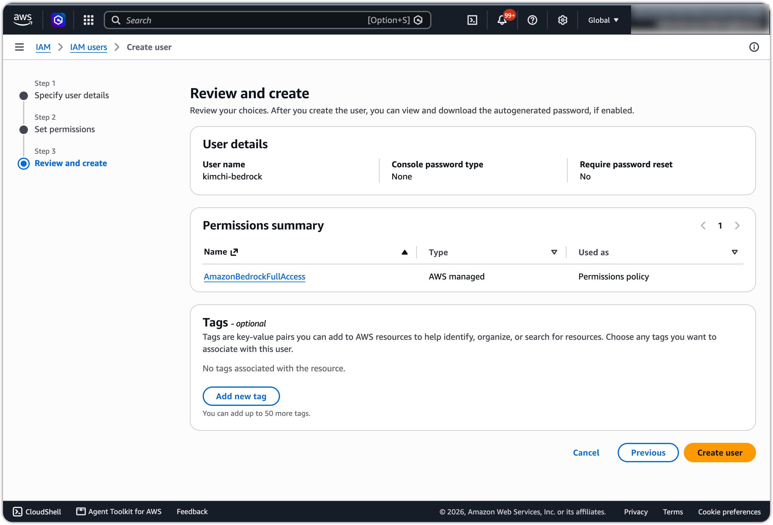 Attach the Bedrock permissions policy to the new IAM user