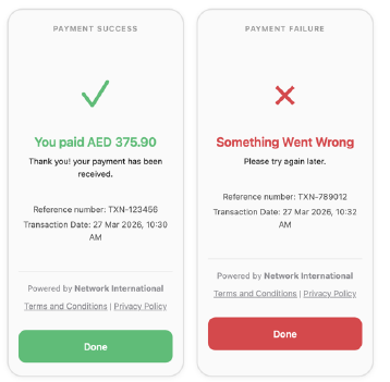 Payment success and payment failure screens.