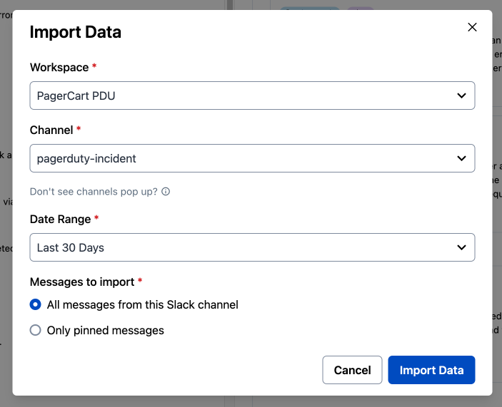 Import data from Slack modal in PagerDuty