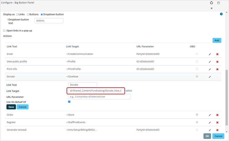Big Button Panel content item window with Donate link open for edit