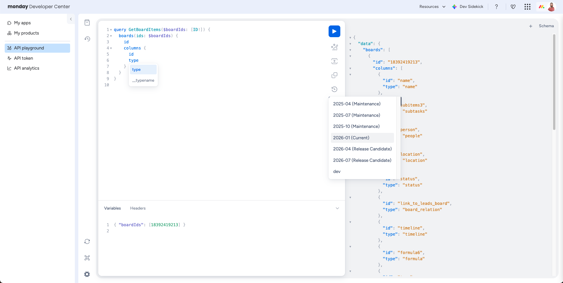 monday platform API playground version selector