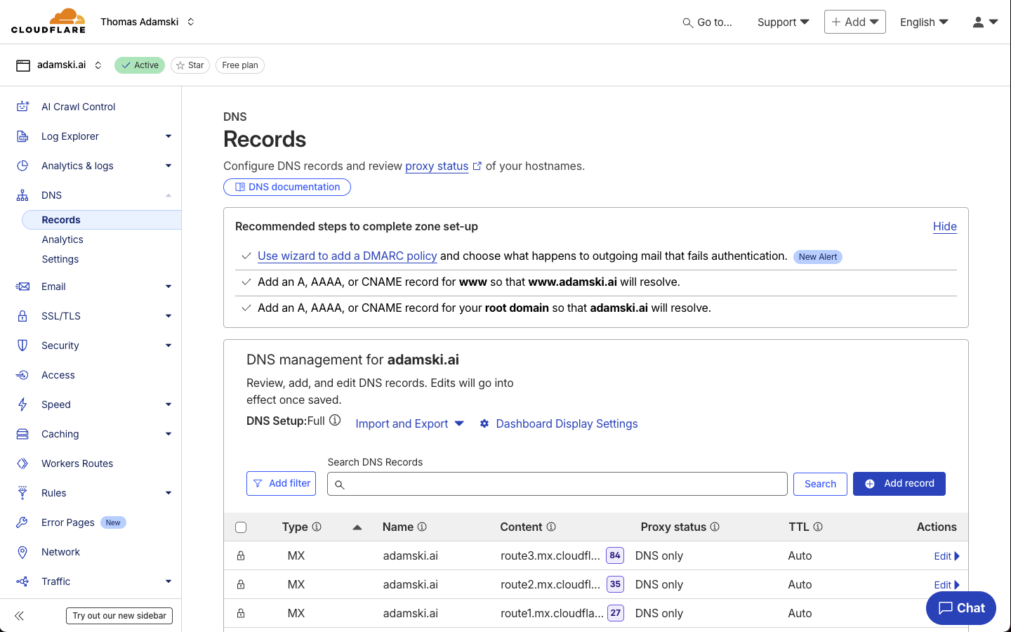 Cloudflare DNS Records page