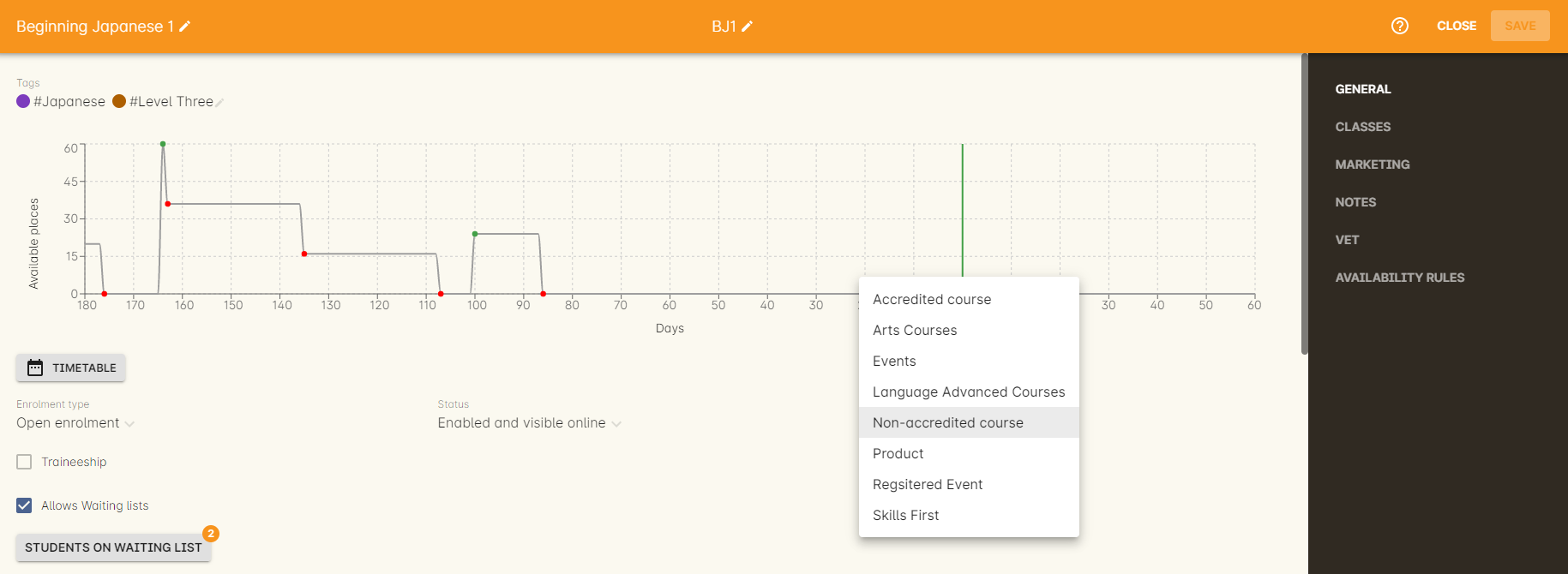 Figure 281. Setting the data collection rule that applies to a course