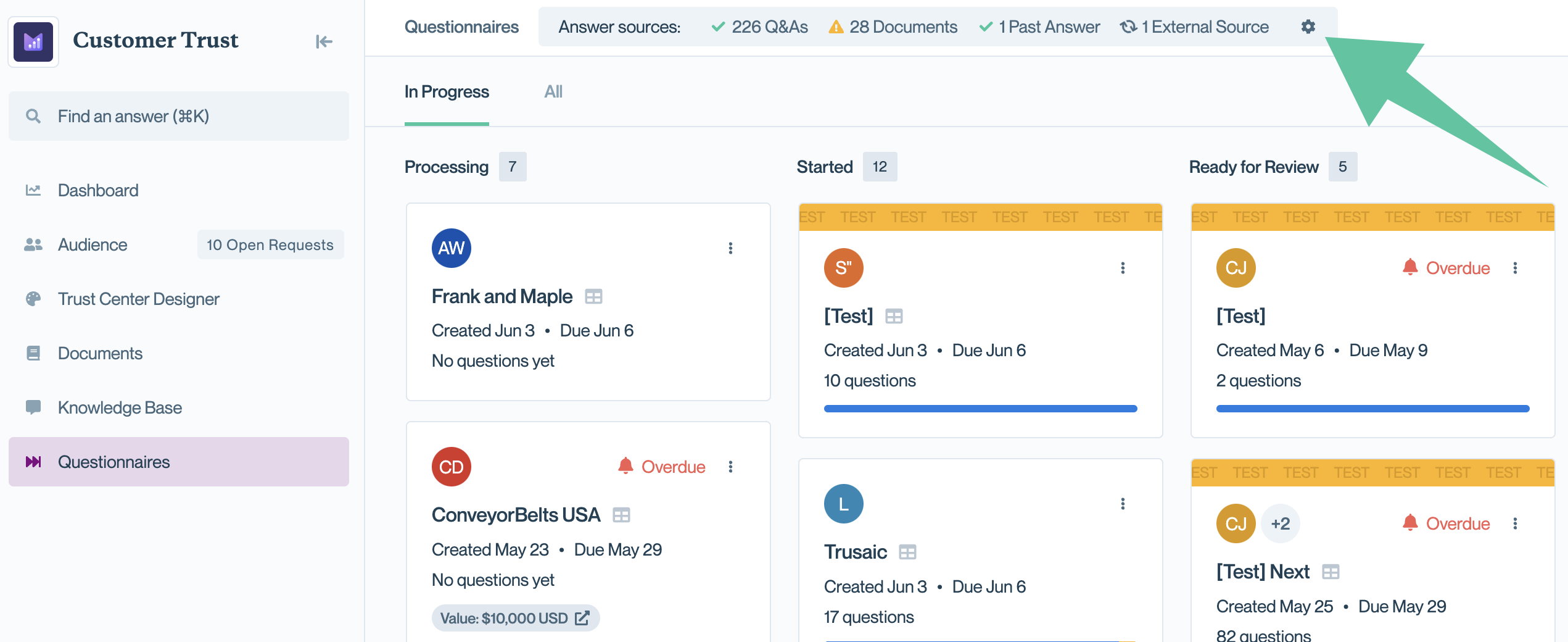 Configuring your ConveyorAI Sources on the Questionnaires pag