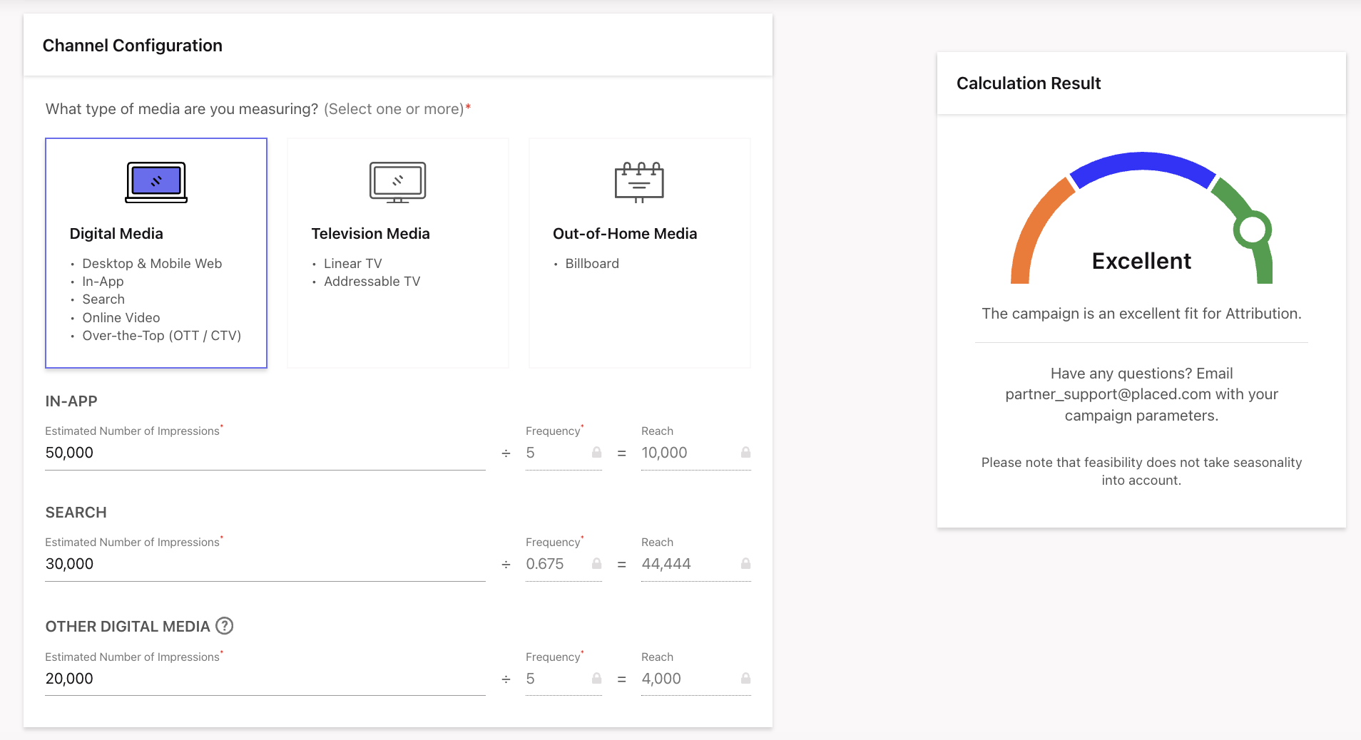 An example of the Campaign Feasibility Calculator returning results for a digital media campaign.