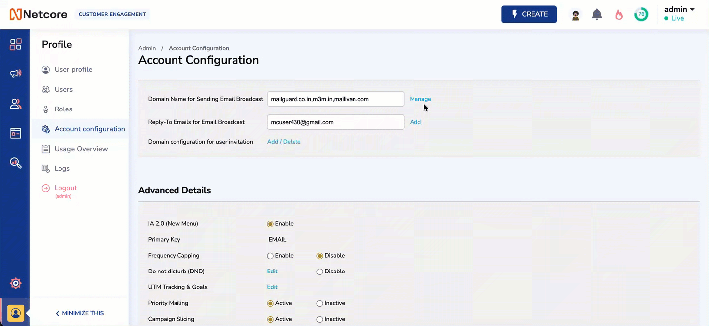 Domain Management under Accoount Configuration 
