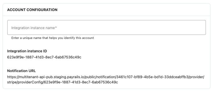 A screenshot showing the Payrails integration instance name field.