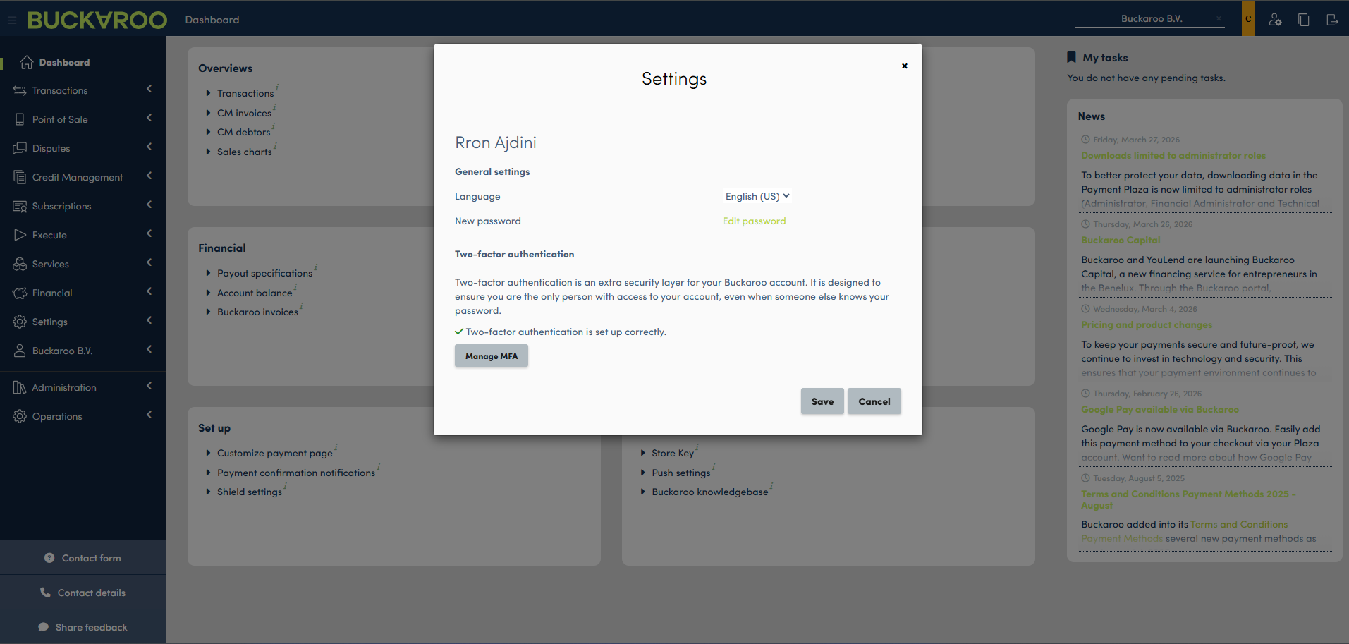 Settings page showing the Manage MFA button under Two-factor authentication.