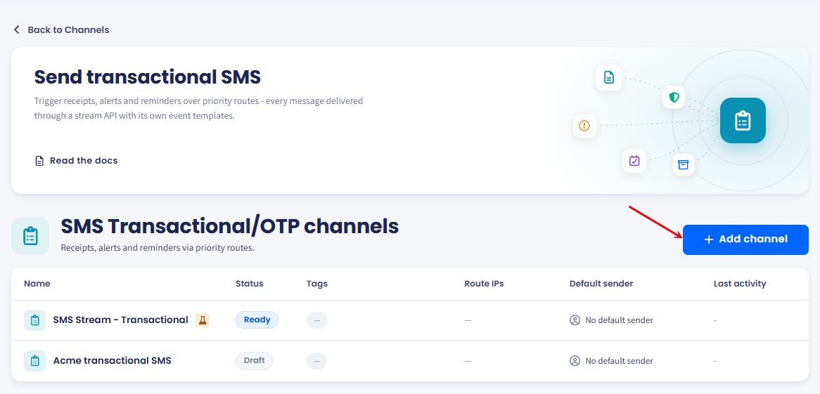 SMS Transactional/OTP channel list, with the Add channel button and a table of existing channels