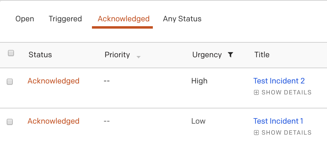 A screenshot of the PagerDuty web app showing Acknowledged incidents ordered with a high-urgency incident taking precedence over a low-urgency incident