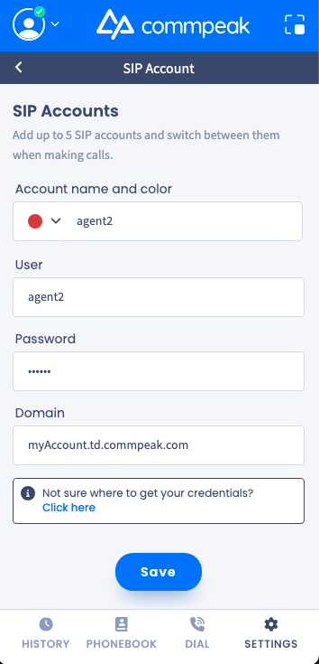 Screenshot of the screen with entering credentials and domain from the Dialer or Cloud PBX