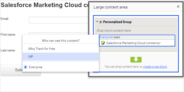 Screenshot of the personalization dialog where selecting the VIP visitor group to target the form