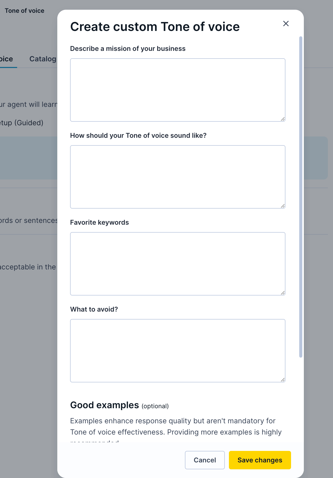 Modal to add tone of voice details. 