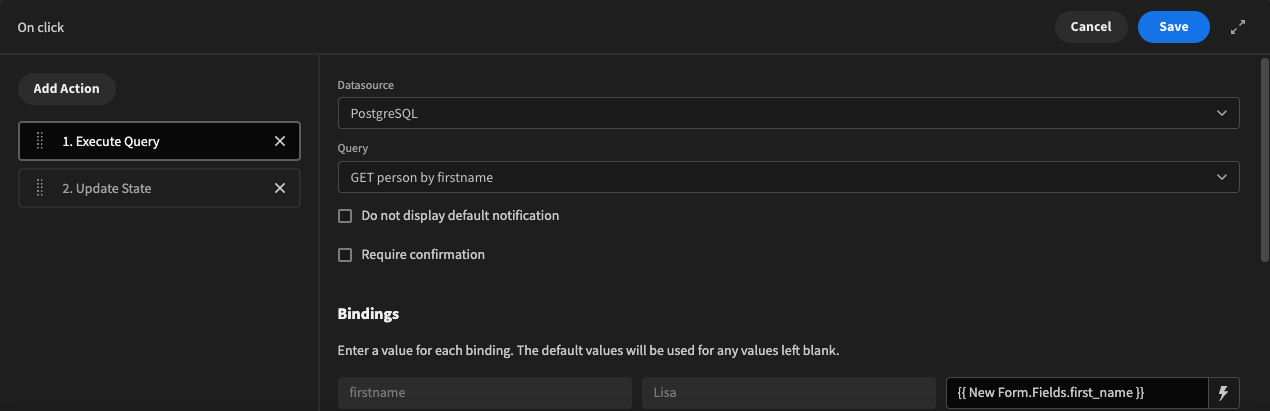 Setup of Execute query action.