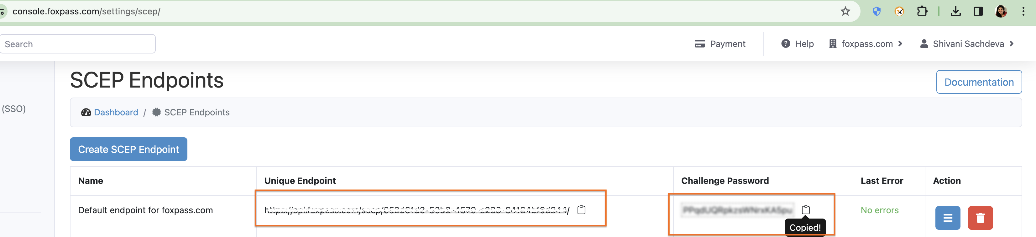 SCEP URL and Challenge password on the SCEP page