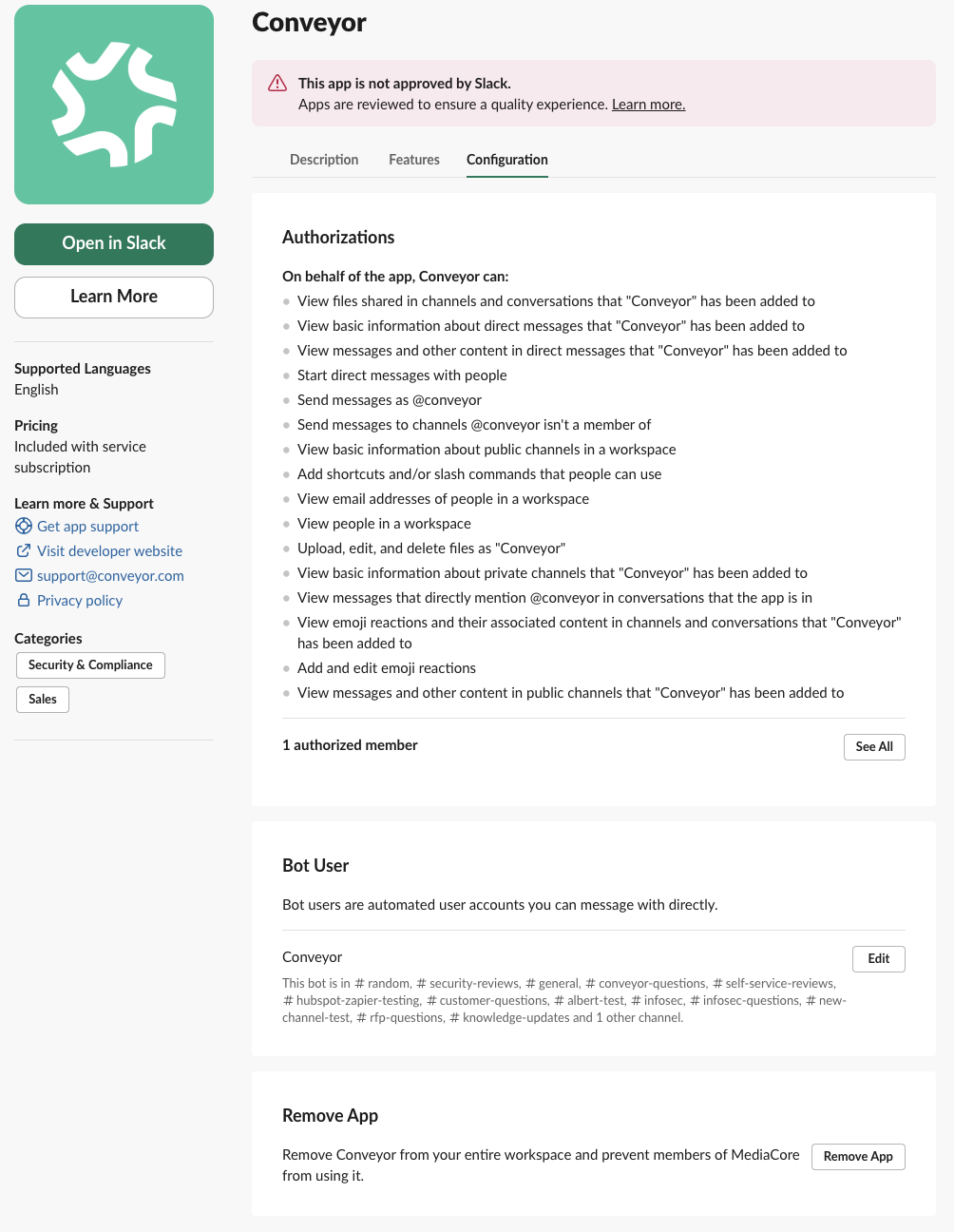 The Conveyor app Configuration page in Slack, listing its authorizations, a Bot User section with an Edit button, and a Remove App section.