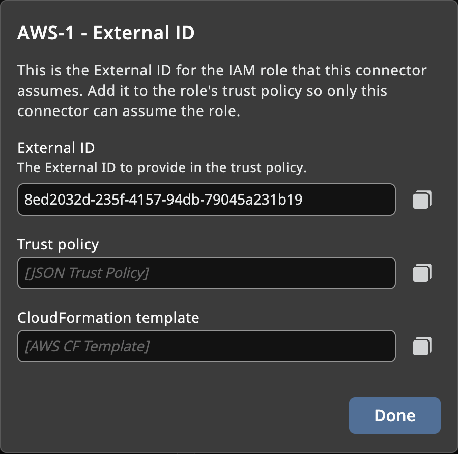 External ID, trust policy, and CloudFormation template in use