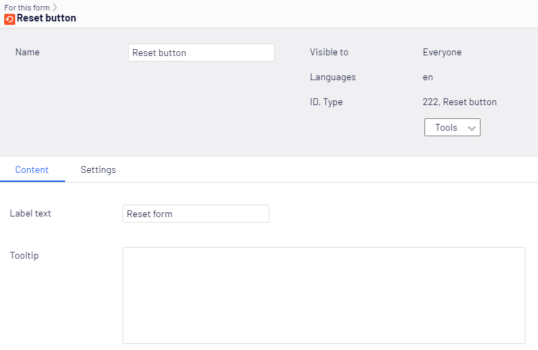Screenshot of the Reset button element Content tab with Label text and Tooltip fields where editors configure the reset button