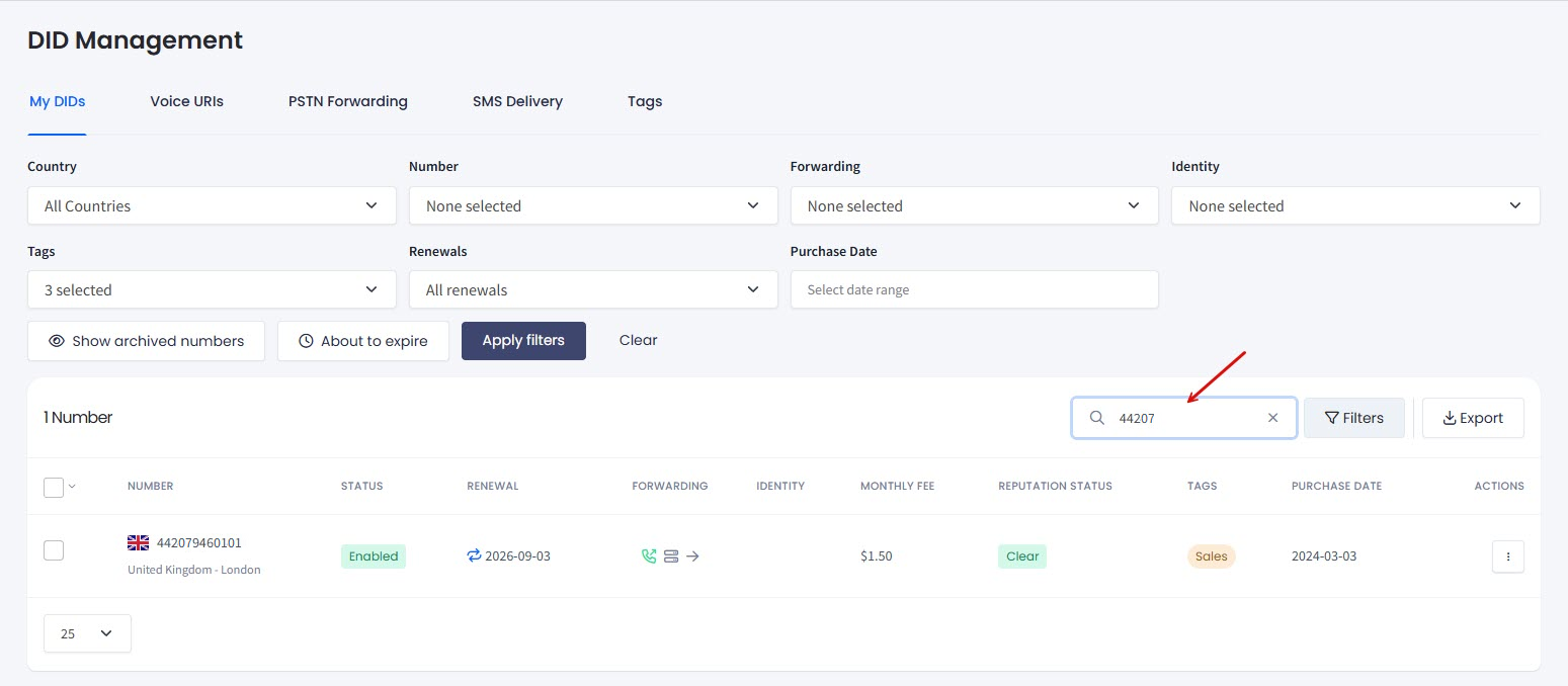 Screenshot of the Search option