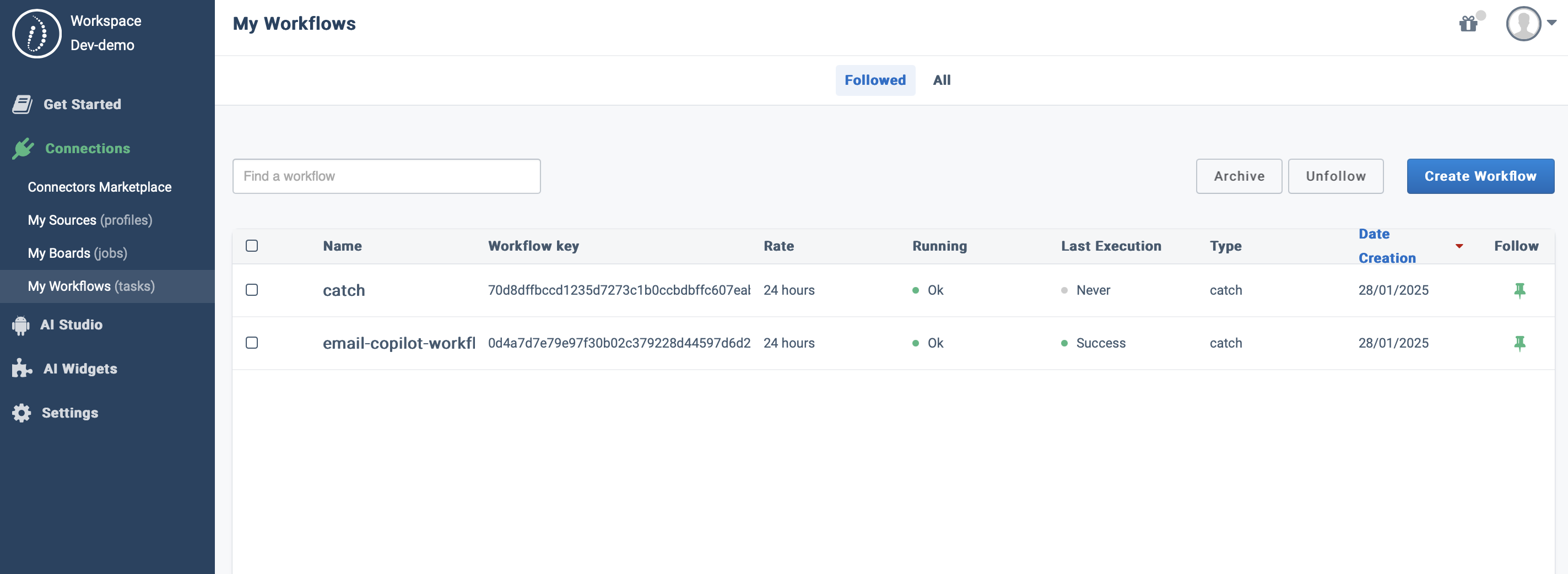 Connections > My Workflows