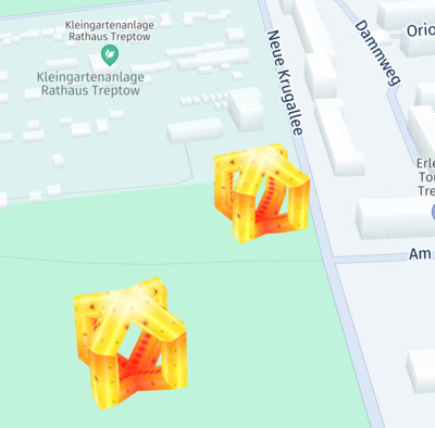Two custom 3D map markers shown on a tilted map.