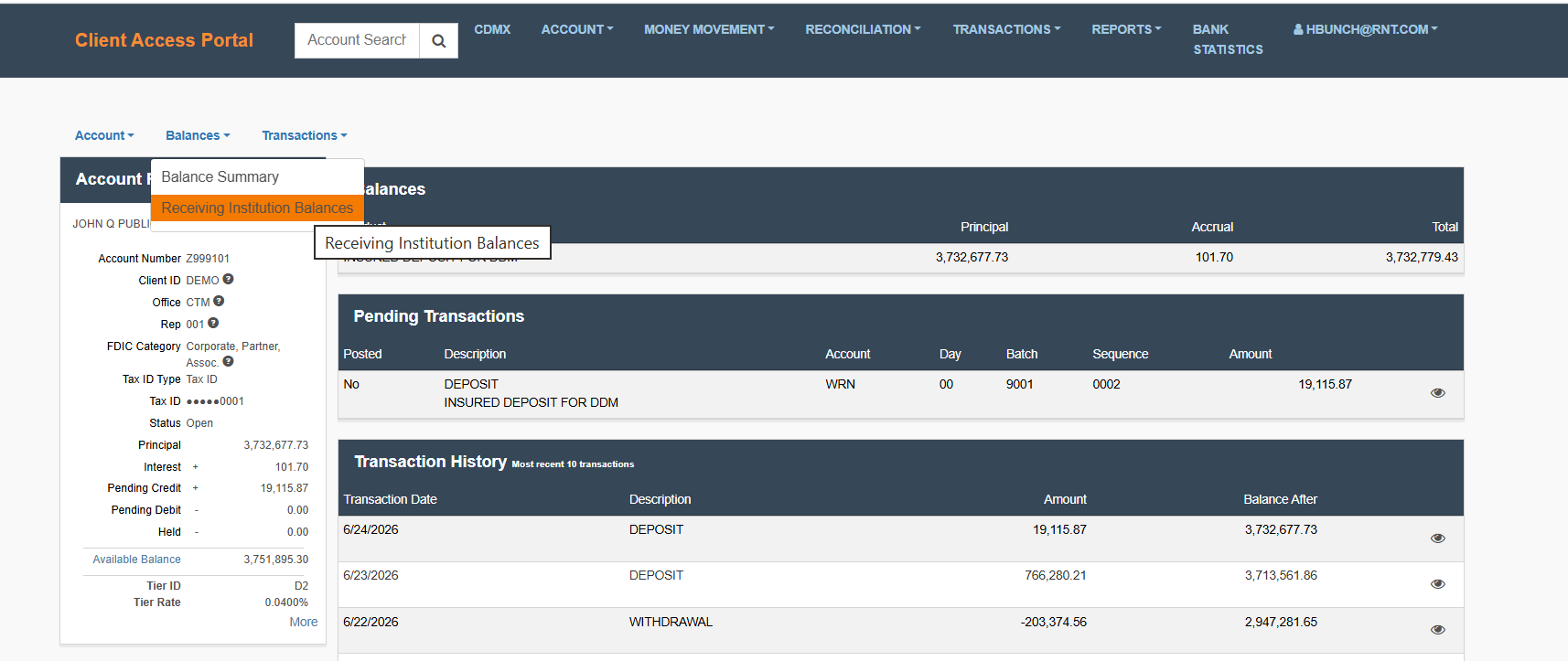 Select Receiving Institution Balances