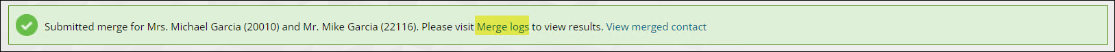 Merge submission confirmation message with highlight over the "Merge logs" link