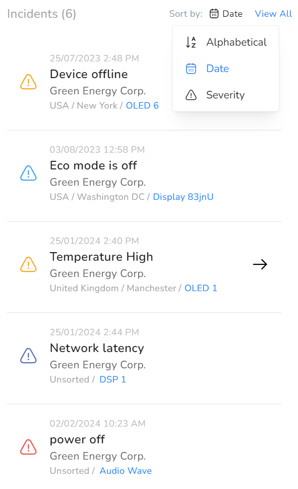 Incidents widget screen.