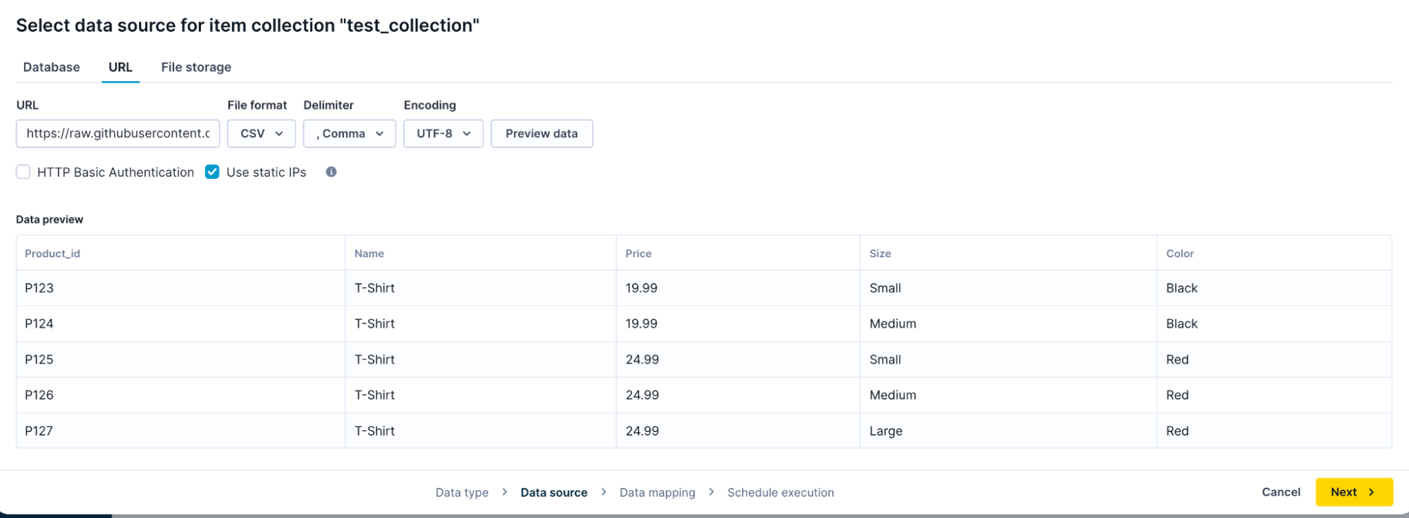 Data preview table in Bloomreach Data hub showing imported product records with columns for product ID, name, price, size, and color.
