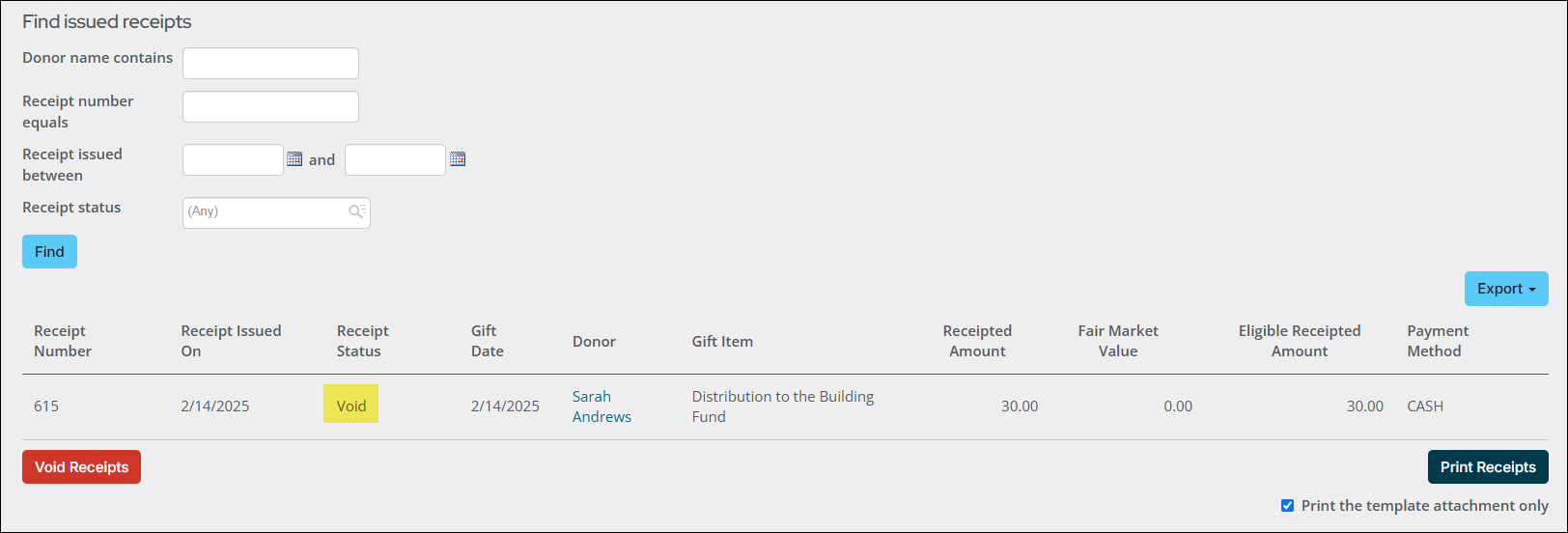 Find issued receipts window with highlight over receipt statuses that are voided
