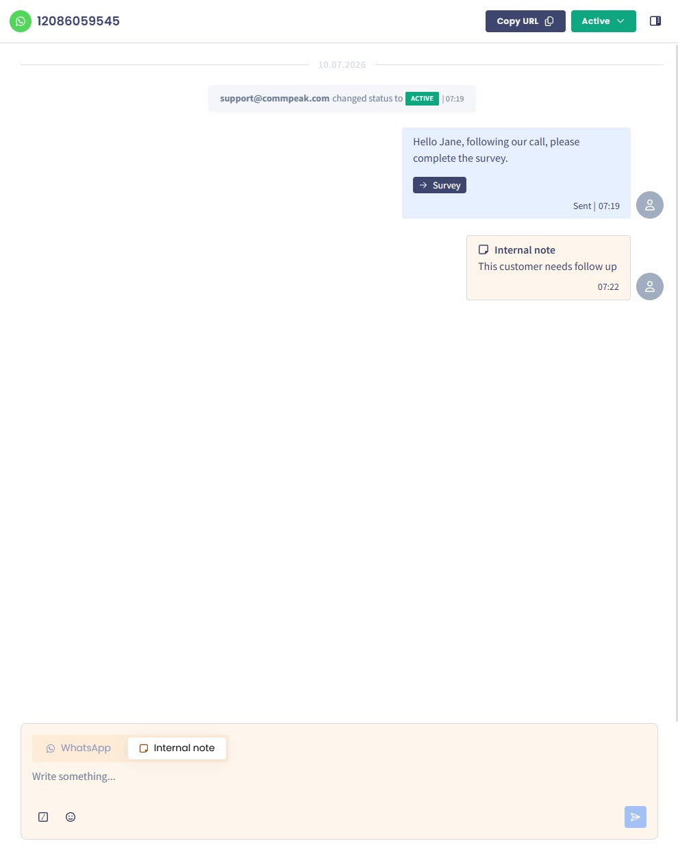 Screenshot of the inbox conversation timeline box and merssage editor