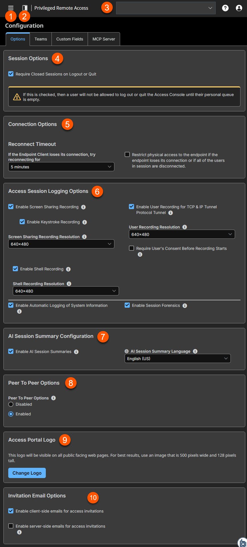 Main Configuration page for Remote Support.