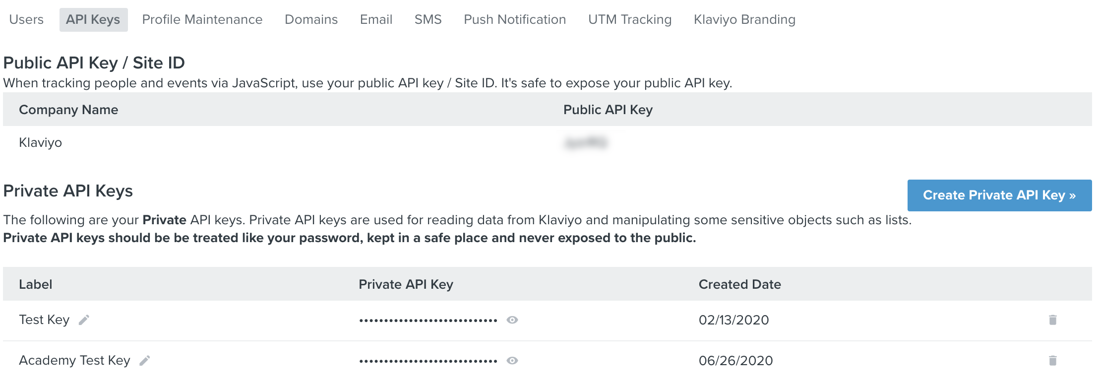 Klaviyo API keys tab showing public and private keys, and Create Private API Key with arrow and blue background