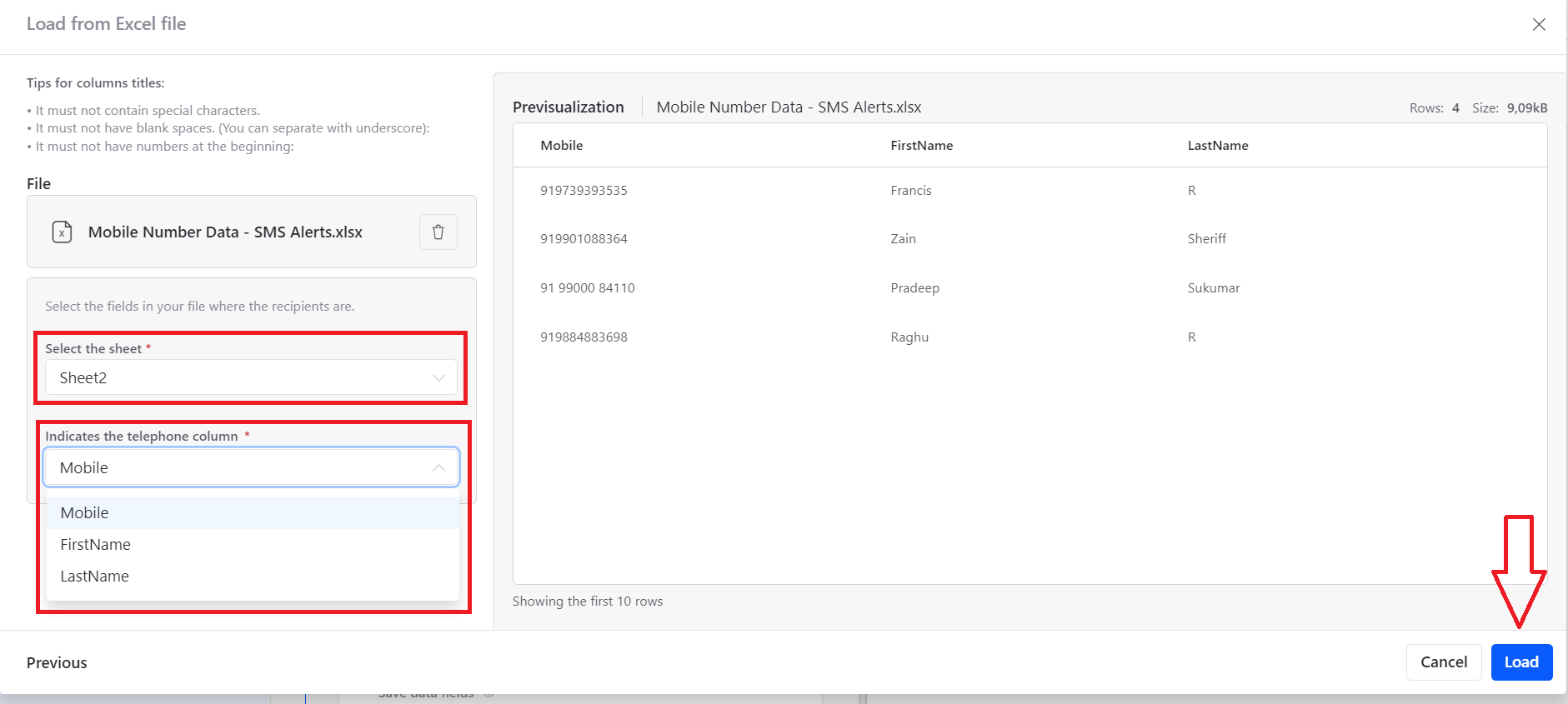 SMS recipient data preview
