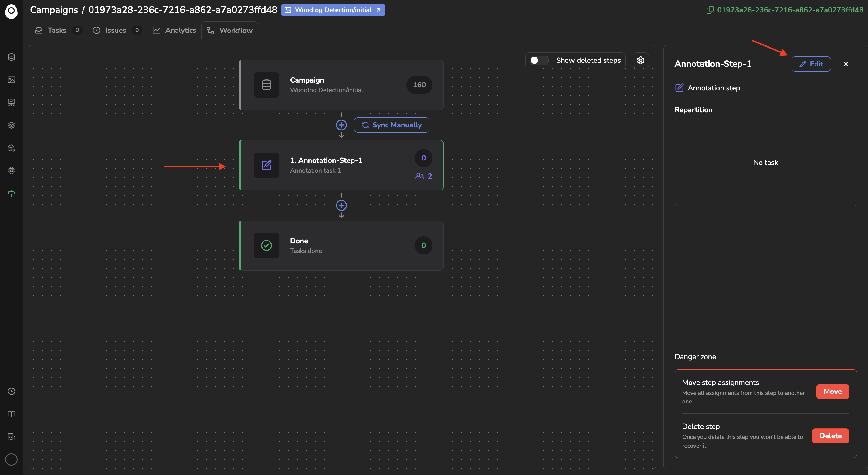 Access the configuration panel of an existing step